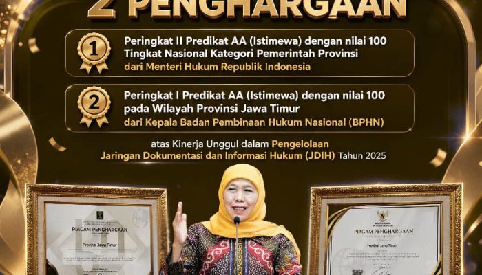 JDIH Jatim Sabet Dua Penghargaan Nasional, Gubernur Khofifah Apresiasi Kinerja Pengelolaan Informasi Hukum