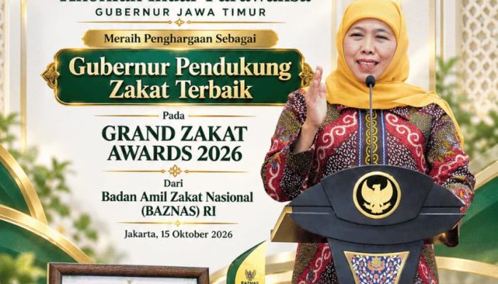 Khofifah Raih Penghargaan Gubernur Pendukung Zakat Terbaik 2026 dari BAZNAS RI